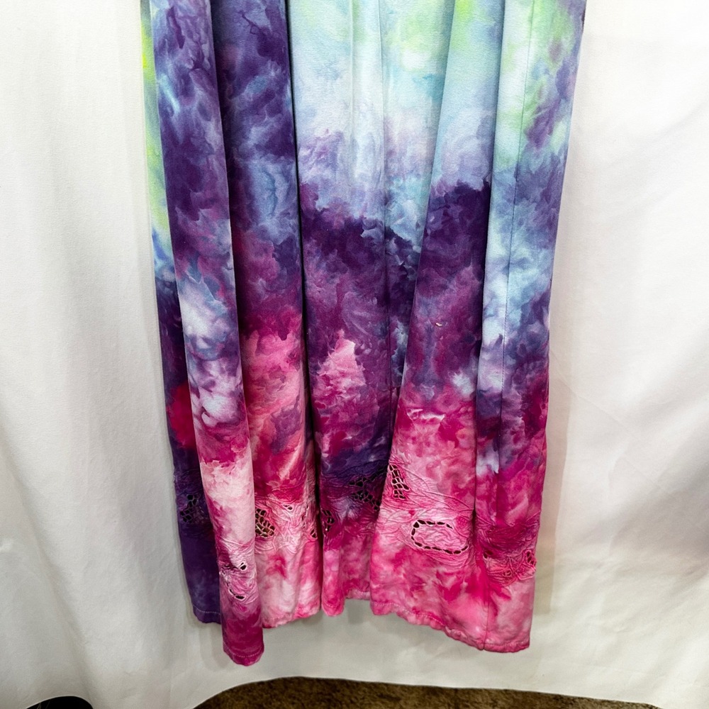 Tie Dye Medium Maxi Dress Handmade Rainbow Eyelet Hem Sleeveless Vacation 1760 - Picture 13 of 15